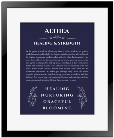 Althea personalized name art with origin story in navy blue with black matte frame
