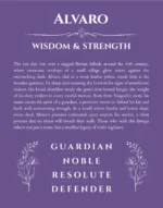 Alvaro name origin print with meaning and traits in purple