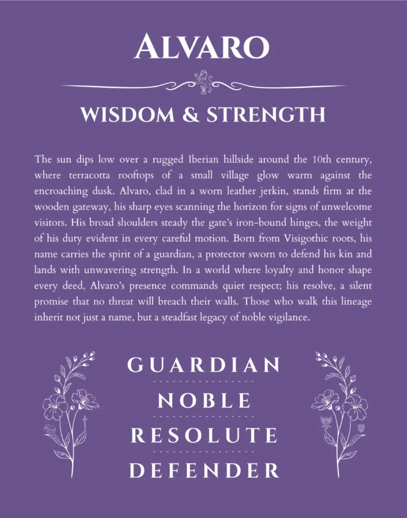 Alvaro name origin print with meaning and traits in purple