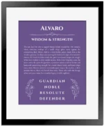 Alvaro name origin print with meaning and traits in purple with black matte frame
