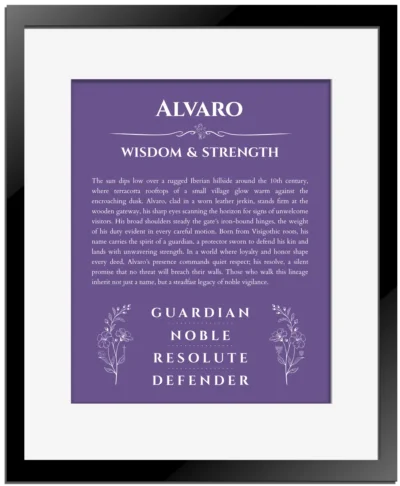 Alvaro name origin print with meaning and traits in purple with black matte frame