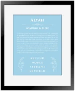 Alyah custom name meaning print in light blue with black matte frame