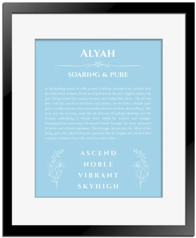 Alyah custom name meaning print in light blue with black matte frame