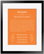 Alyana custom name print for wall display in orange with black matte frame