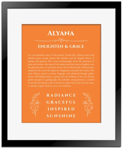 Alyana custom name print for wall display in orange with black matte frame