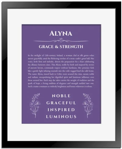 Alyna name meaning wall art by Get Your Story in purple with black matte frame