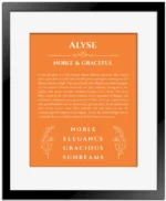 Alyse custom name art showing meaning and origin in orange with black matte frame