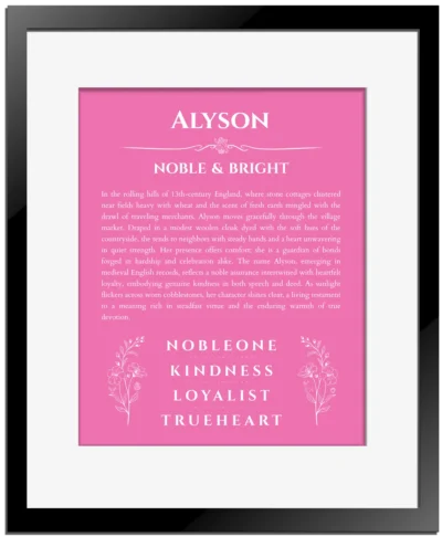 Alyson custom name art showing meaning and origin in pink with black matte frame