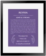 Alyssa custom name meaning print in purple with black matte frame