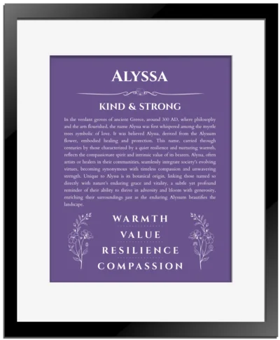 Alyssa custom name meaning print in purple with black matte frame
