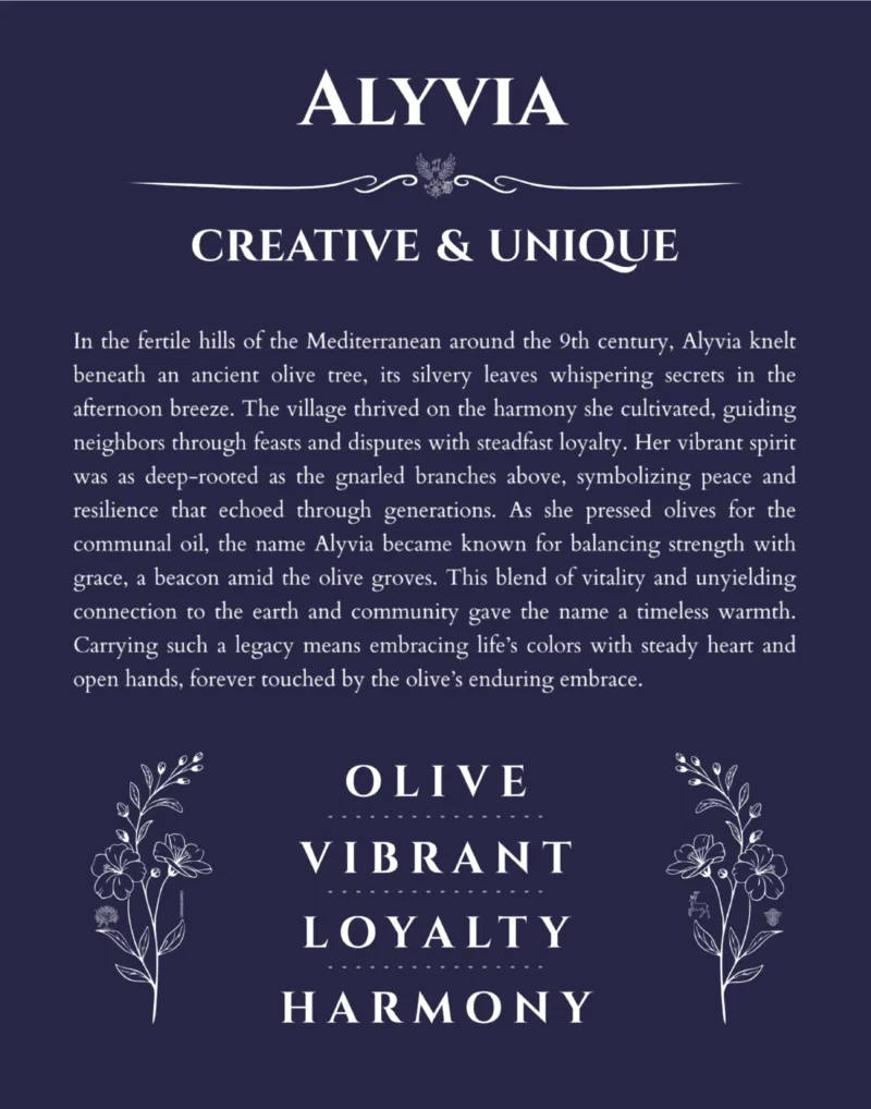 Alyvia personalized wall art with the story of your name in navy blue