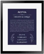 Alyvia personalized wall art with the story of your name in navy blue with black matte frame