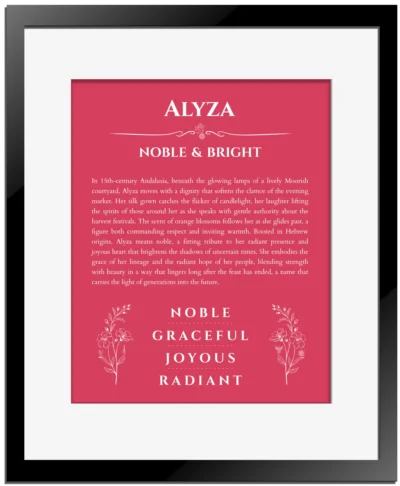 Alyza name meaning gift print in red with black matte frame