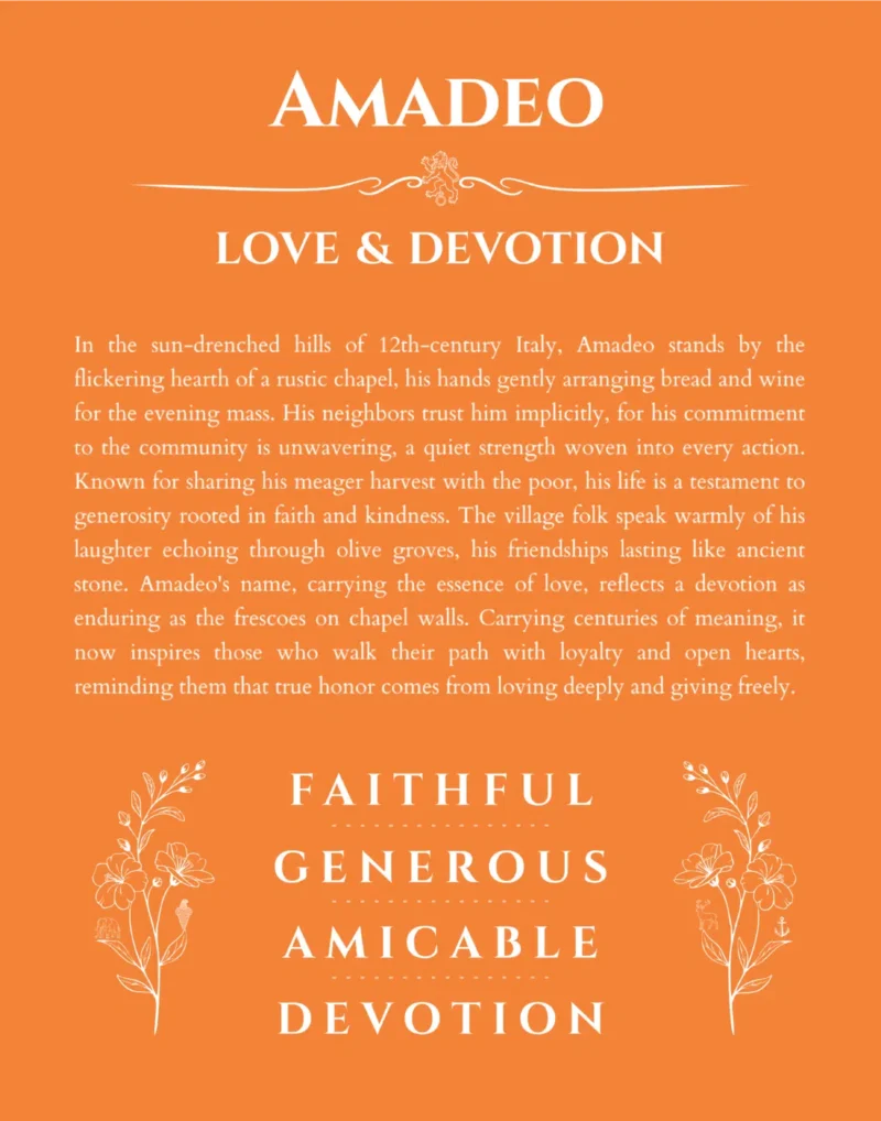 Amadeo custom name art showing meaning and origin in orange