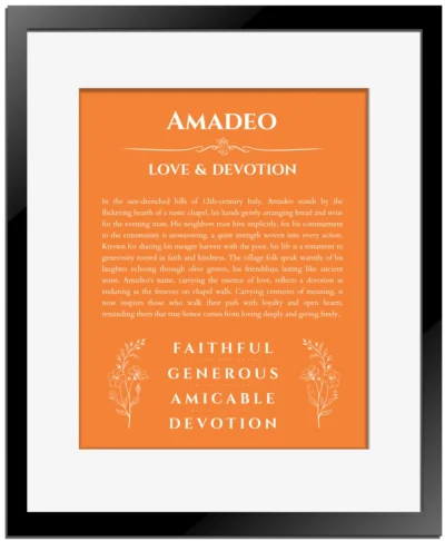 Amadeo custom name art showing meaning and origin in orange with black matte frame