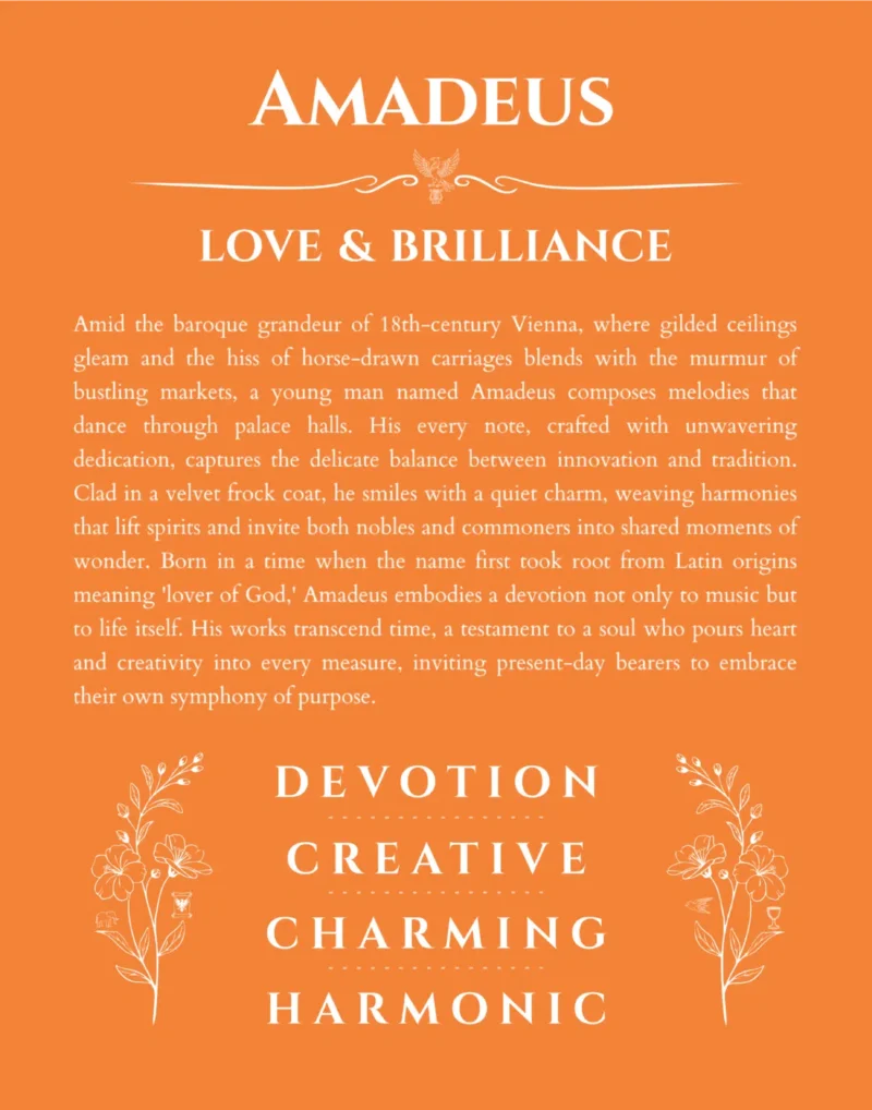 Amadeus custom name art showing meaning and origin in orange
