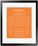 Amadeus custom name art showing meaning and origin in orange with black matte frame