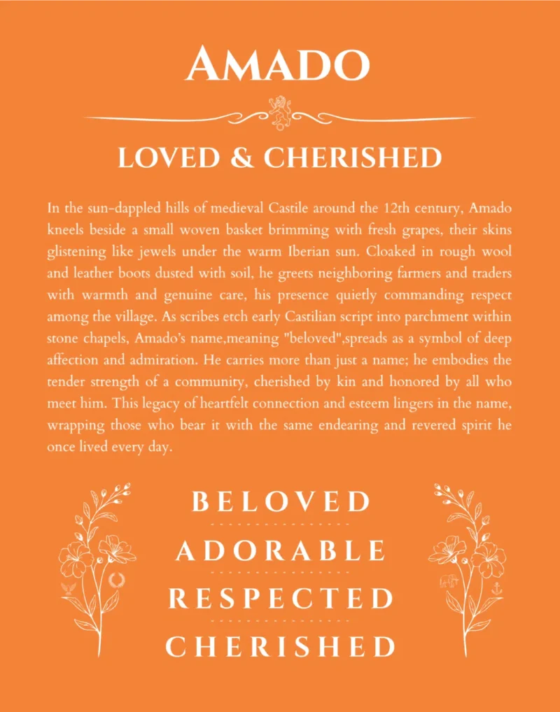 Amado personalized name print with origin and traits in orange
