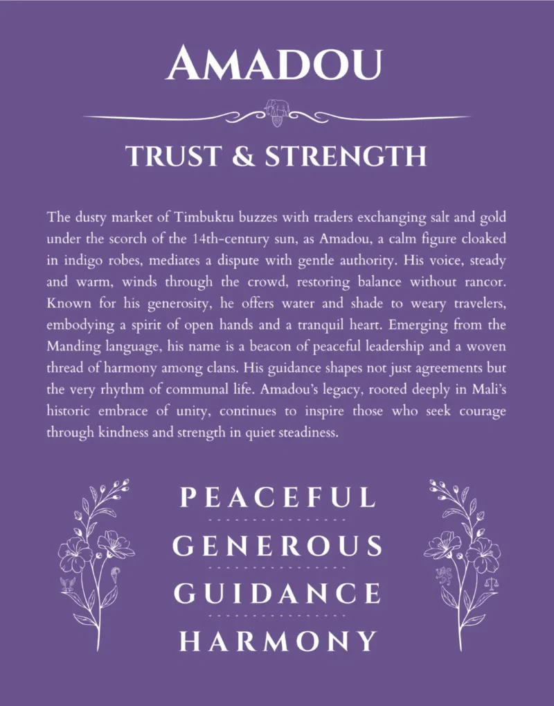 Amadou personalized name art with origin story in purple