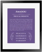 Amadou personalized name art with origin story in purple with black matte frame