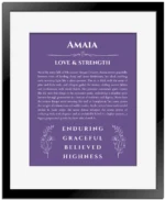 Amaia custom name meaning print in purple with black matte frame