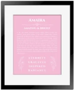 Amaira personalized wall art with the story of your name in light pink with black matte frame