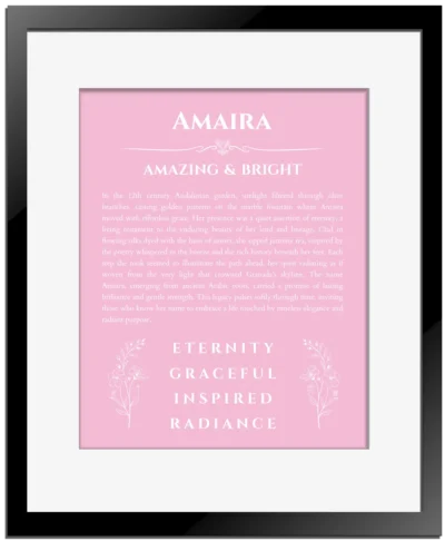 Amaira personalized wall art with the story of your name in light pink with black matte frame