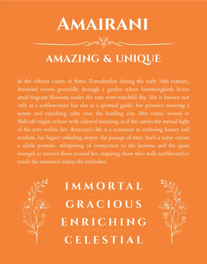 Amairani personalized name art with origin story in orange