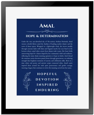 Amal custom name meaning print in deep blue with black matte frame