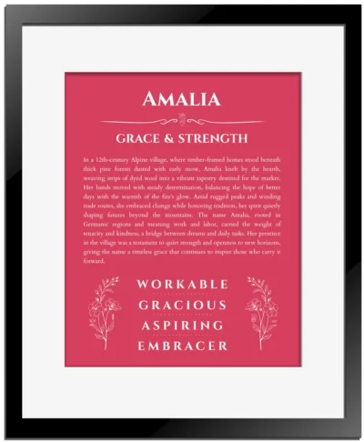 Amalia custom name print for wall display in red with black matte frame
