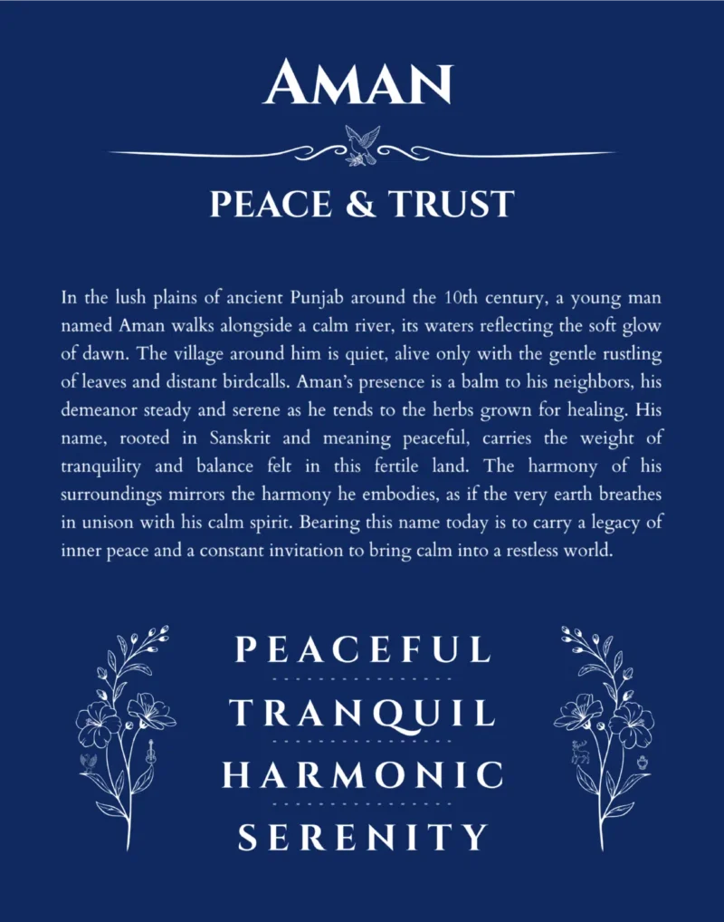 Aman name origin print with meaning and traits in deep blue