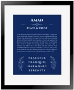 Aman name origin print with meaning and traits in deep blue with black matte frame