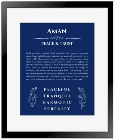 Aman name origin print with meaning and traits in deep blue with black matte frame