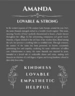 Amanda name origin print with meaning and traits in gray