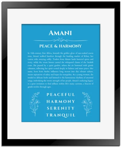 Amani name meaning wall art by Get Your Story in blue with black matte frame
