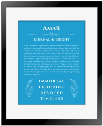 Amar personalized name meaning print in blue with black matte frame