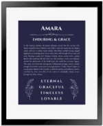 Amara personalized name art with origin story in navy blue with black matte frame