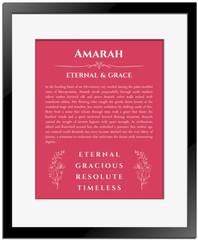 Amarah personalized name meaning print in red with black matte frame