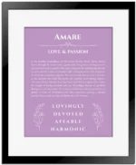Amare name meaning gift print in light purple with black matte frame