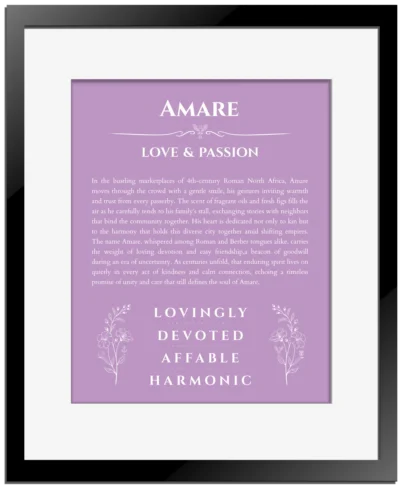 Amare name meaning gift print in light purple with black matte frame