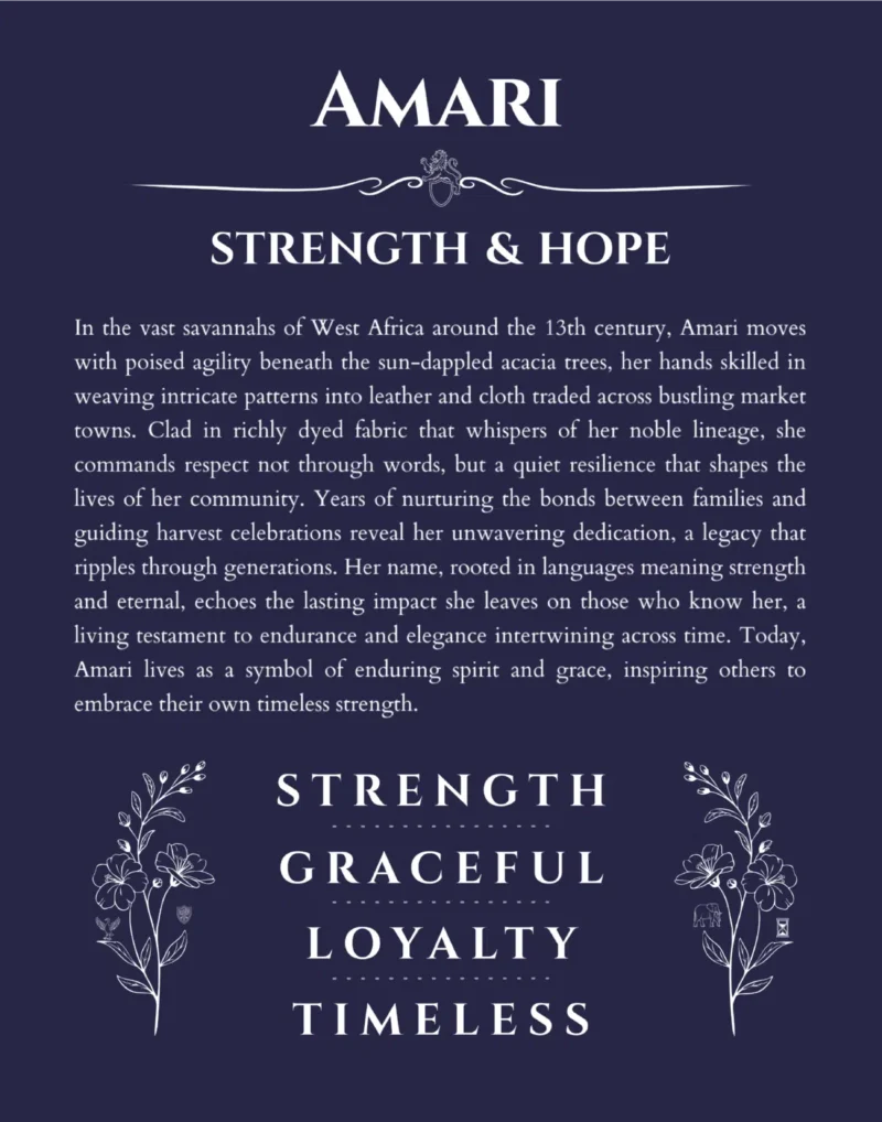 Amari name origin print with meaning and traits in navy blue