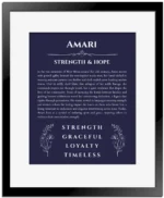 Amari name origin print with meaning and traits in navy blue with black matte frame