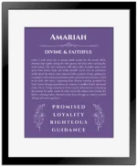 Amariah name origin print with meaning and traits in purple with black matte frame