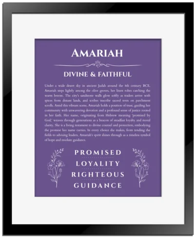 Amariah name origin print with meaning and traits in purple with black matte frame