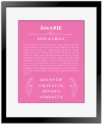 Amarie name meaning gift print in pink with black matte frame
