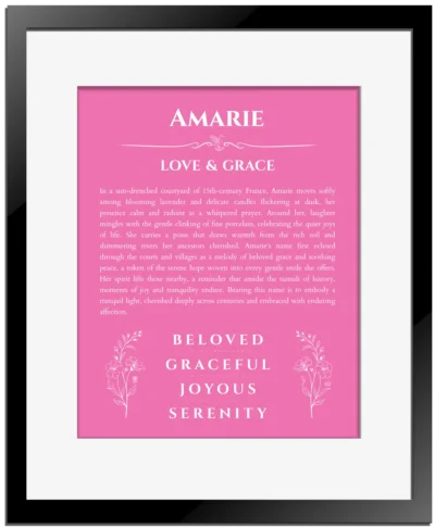 Amarie name meaning gift print in pink with black matte frame