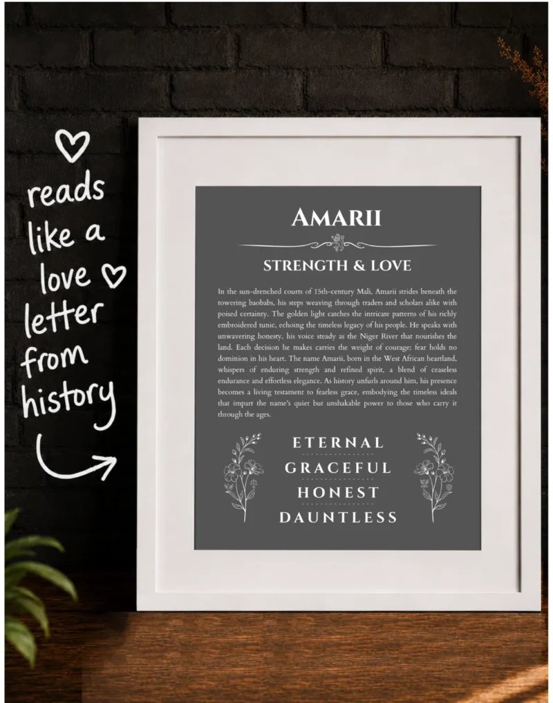 Amarii name origin print with meaning and traits presented as a meaningful gift