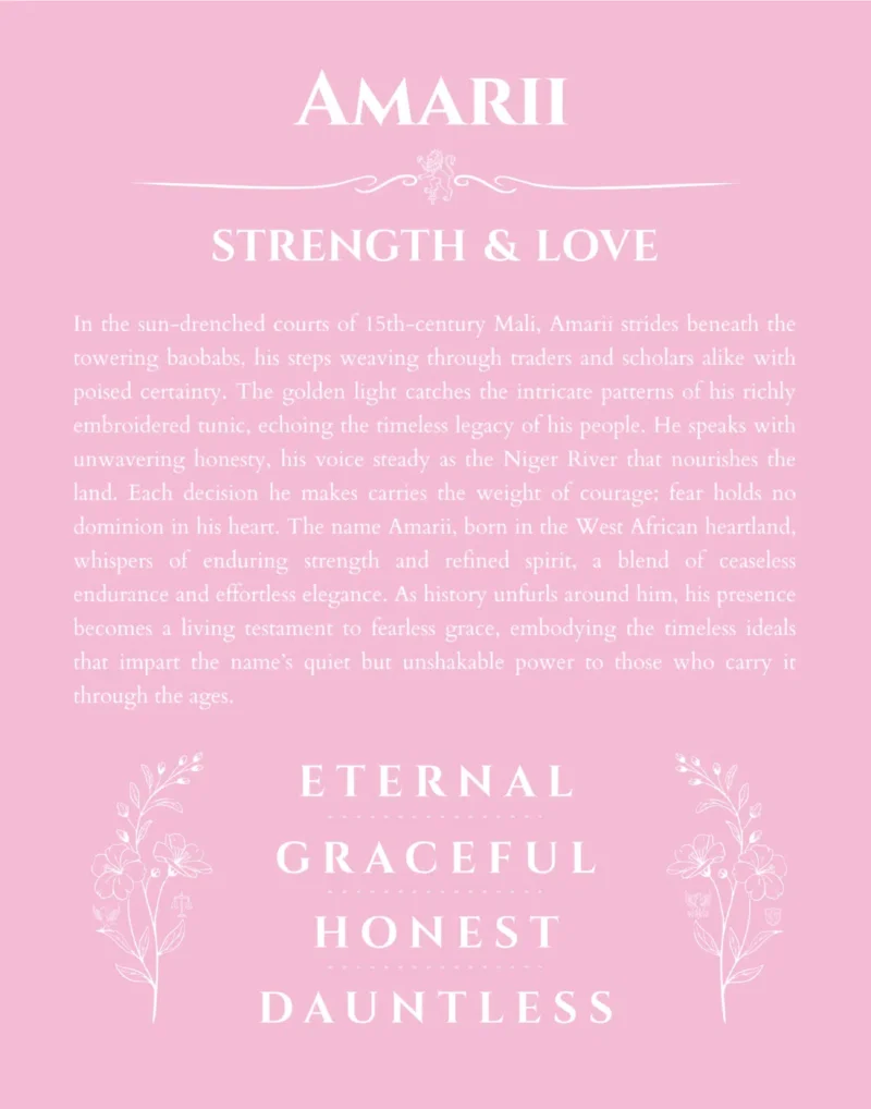 Amarii name origin print with meaning and traits in light pink