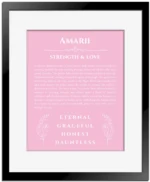 Amarii name origin print with meaning and traits in light pink with black matte frame