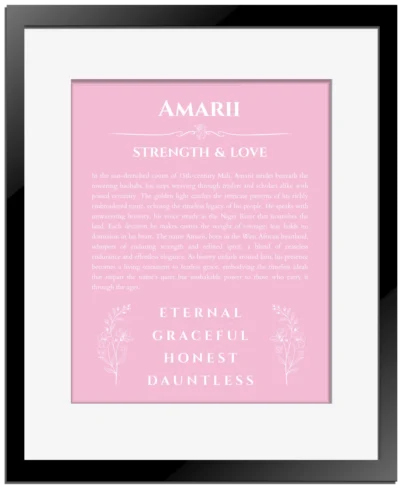 Amarii name origin print with meaning and traits in light pink with black matte frame